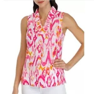 CROWN & IVY Sleeveless Tunic with Ruffled Collar Detail Bright Watercolor Print